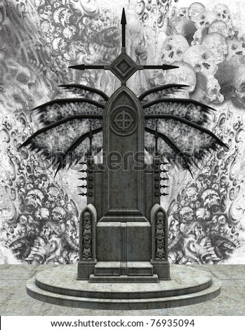 Dark throne on a vintage wall of skulls