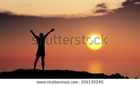 men greeting sun. Stands on hill, ocean and yellow sunset