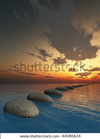 rock in night sea. The abstract bridge in the open ocean from a pebble. Fantastic sunset