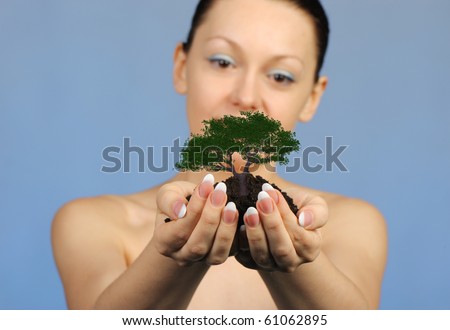 The woman holds in hands soil with a tree. Selective focus. A blue background