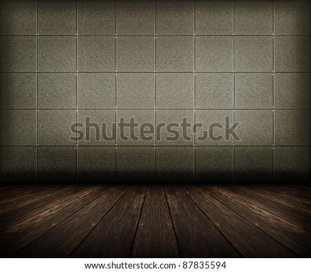 old grunge room with tiled wall and wooden floor, vintage background