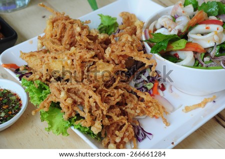 Fried mushroom with seafood salad