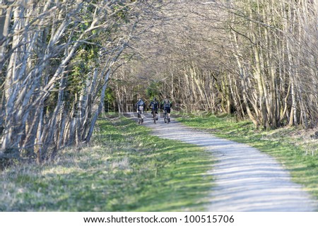 men riding bikes on path in the woods