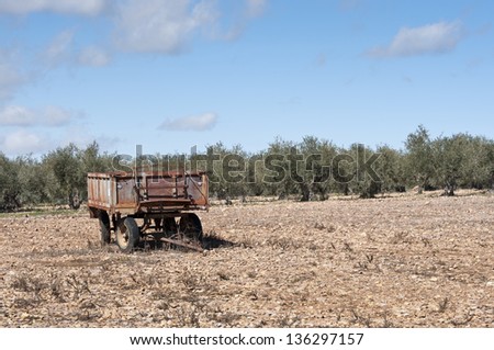 Old farm trailer on a fallow field. At the background an olive grove. Photo taken in La Fuencaliente, Ciudad Real Province, Spain