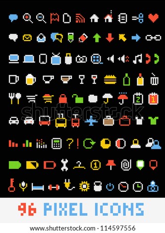 Color pixel style icons collection on black Color pixel style icons collection on black