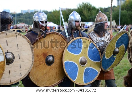 MOSCOW - SEPTEMBER 4: The ancient warriors with shields. The international festival of fights 