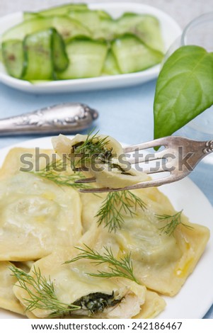 Home made ricotta and spinach ravioli