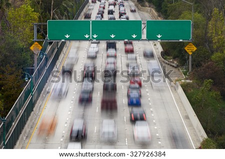 Rush hour traffic on Interstate Highway 110 Pasadena Freeway, into downtown Los Angeles California