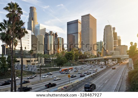 The Los Angeles skyline at sunset
