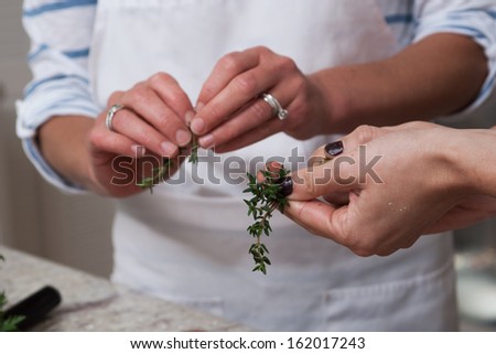 Gourmet chef and assistant preparing herbs for a dinner
