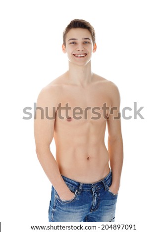 Portrait of young laughing man in jeans with nude torso isolated on white background
