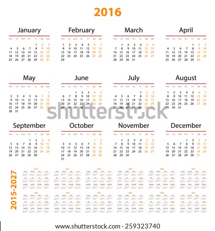 Calendar 2015, 2016, 2017, 2018, 2019, 2020, 2021, 2022, 2023, 2024 