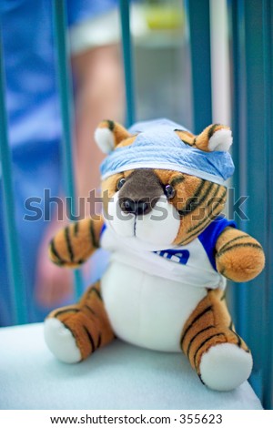 Stuffed animals dressed in operating room attire are often given to pediatric patients to help them cope with their surgery. A tiger wears a scrub hat. (High resolution,14MP camera)