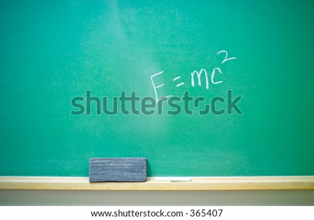 A horizontal green chalkboard with Albert Einstein\'s E=mc2 equation. 14MP camera.