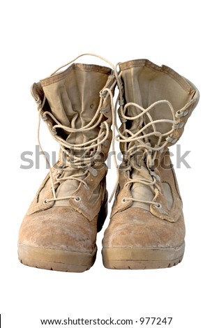 Real pair of U.S. Army boots that served in Iraq. You can still see the mud in the lower seams. Focus = front laces.