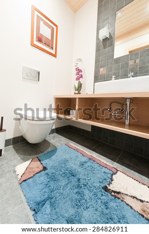 Wooden house bathroom with lots of storage space and light