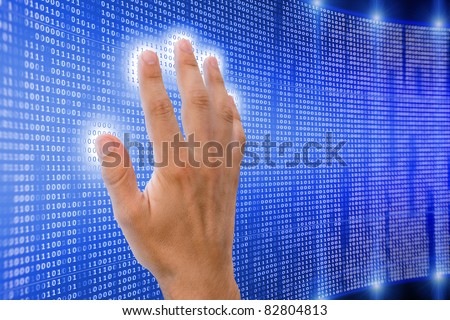 human hand is touching digital matrix that starts to shine and radiate energy