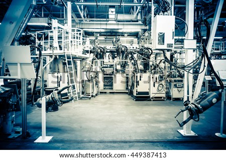 Modern assembly line without workers. In blue.