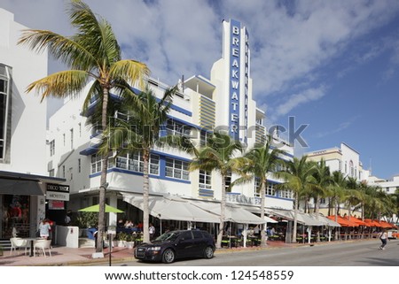 MIAMI - JANUARY 12: Hotel Breakwater in South Beach, one of the most unique of all South Beach resorts, built in 1936 by Yugoslavian architect Anton Skislewicz January 12, 2013 in Miami, Florida.