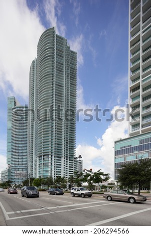 MIAMI - JULY 15: The 900 Biscayne Condos which was built in 2008 at 650 feet 516 residential condominiums and 800 parking spaces July 15, 2014 in Miami FL.