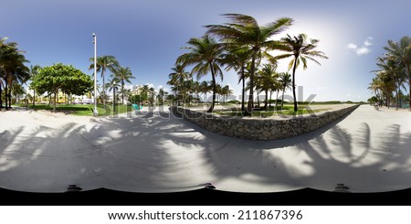 MIAMI BEACH - AUGUST 18: Spherical 360x180 panoramic image of Ocean Drive pedestrian path Miami Beach for virtual tours August 18, 2014.