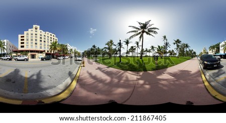 MIAMI BEACH - AUGUST 18: Spherical 360x180 panoramic image of Collins Avenue Miami Beach for virtual tours August 18, 2014. Miami Beach is a year round tourist hotspot best known for it\'s night life.