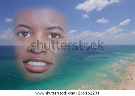 Womans face over the beach double exposure image