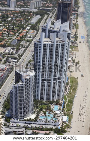 SUNNY ISLES BEACH - JULY 10: Aerial image of the Trump Intetrnational, Palace and Grande located at 182nd Street and Collins Avenue July 10, 2015 in Sunny Isles Beach FL