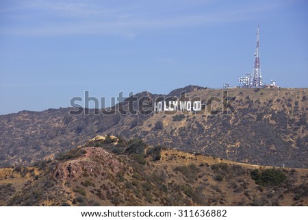 HOLLYWOOD - AUGUST 5: Far shot of the Hollywood Sign which was built in 1923 August 5, 2015 in Hollywood CA USA