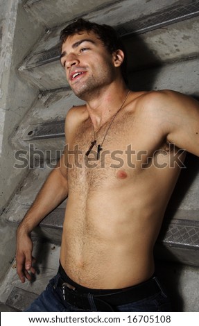 stock photo Shirtless guy on steps