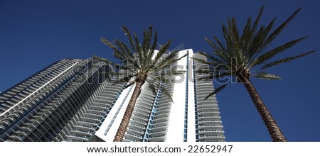 Building and palm trees