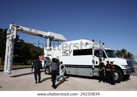 Miami, FL - January 31: HCV Mobile X-rayvwhicle being presented at the Homeland Security Job Fair stationed at Bayside, Miami FL. January 31, 2009 in Miami, FL.