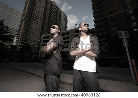 Two young hip men in the city