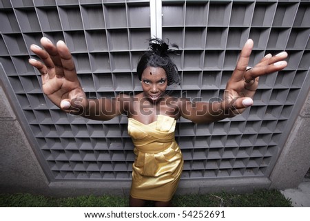 Woman reaching her arms towards the camera