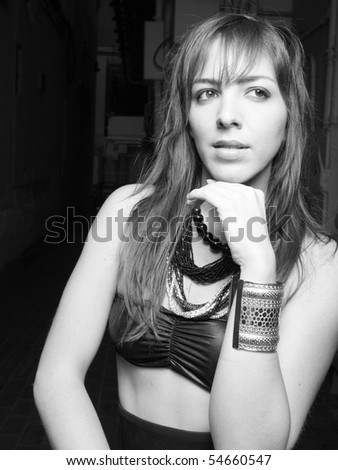 Black and white image of woman in punk glam fashion