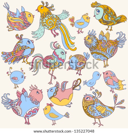 Set of cute birds, adorable retro colorful collection, character cartoon birds, baby, kids and  children style, beautiful summer and spring elements for designs and decorations