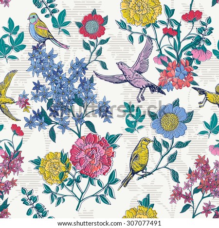 Floral style pattern with birds and flowers, white vintage background, vector wallpaper,  creative fashion seamless, beautiful fabric, wrapping paper, summer and spring theme, layout for design