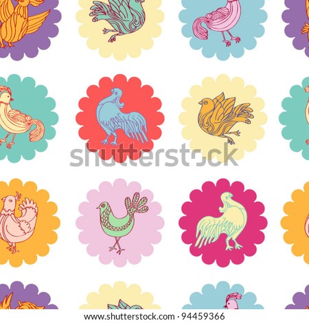 Abstract background with birds, colorful vector wallpapers, trendy seamless patterns, creative fabrics, retro wrappings with graphic birds, geometric flowers ornaments; Summer, spring theme for design