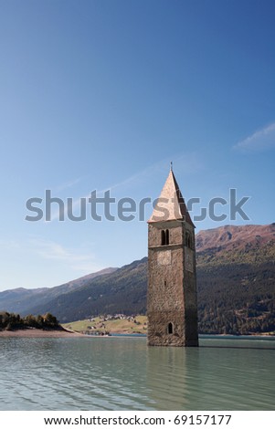 Flooded church tower in Lake Resia