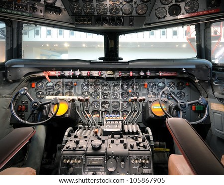 Cockpit view of classic 1950s airliner