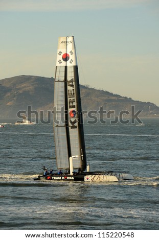 SAN FRANCISCO - OCTOBER 2: America\'s Cup Team Korea boat sails in the San Francisco Bay on October 2, 2012  prior to racing day. This is a newcomer team for 2012.