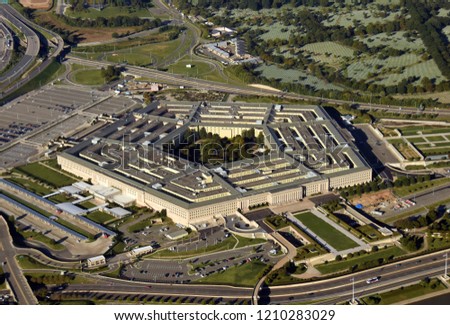 US Pentagon in Washington DC building looking down aerial view from above