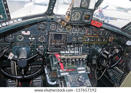 World War 2 era bomber cockpit interior view