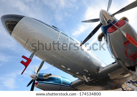 Old turboprop airplane seen from below