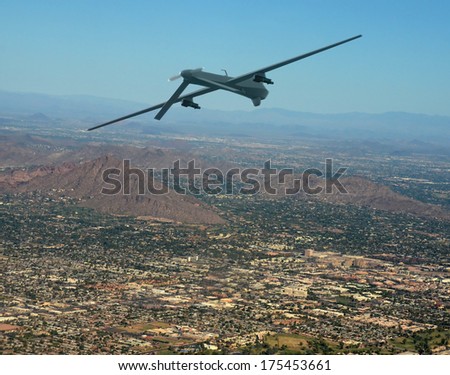 Unmanned military drone on patrol air to air