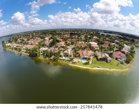 Middle class waterfront homes in Florida aerial view