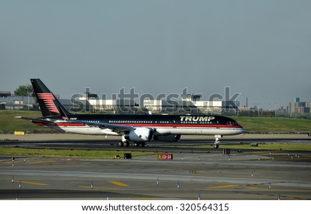 New York, USA - September 17, 2015: Boeing 757 jet airplane bearing the logo of Donald Trump takes off from laguardia, New York City