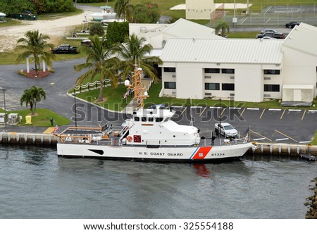 MIAMI - DECEMBER 21, 2014: US Coast Guard vessel rests between missions at its base in Miami, Florida on December 21, 2014