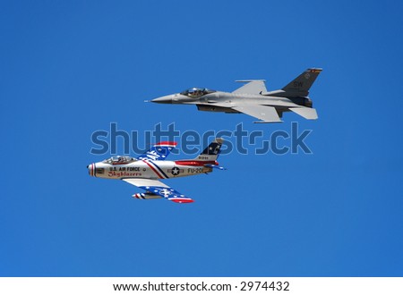 Heritage flight saluting veterans. F-16 and F-86