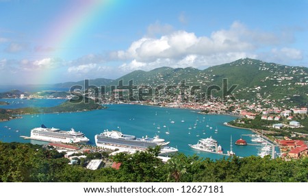 Aerial view and rainbow over St Thomas, US Virgin islands